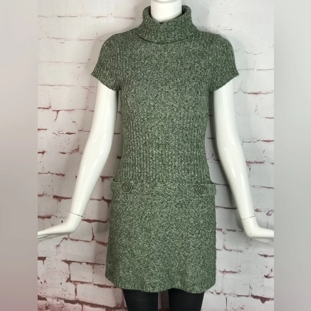 JJ BASICS M Knit Sweater Mini Dress Olive Green Marled Knit Short Sleeve Medium - Picture 14 of 15